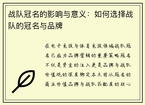 战队冠名的影响与意义：如何选择战队的冠名与品牌