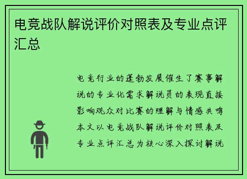 电竞战队解说评价对照表及专业点评汇总
