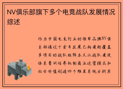 NV俱乐部旗下多个电竞战队发展情况综述